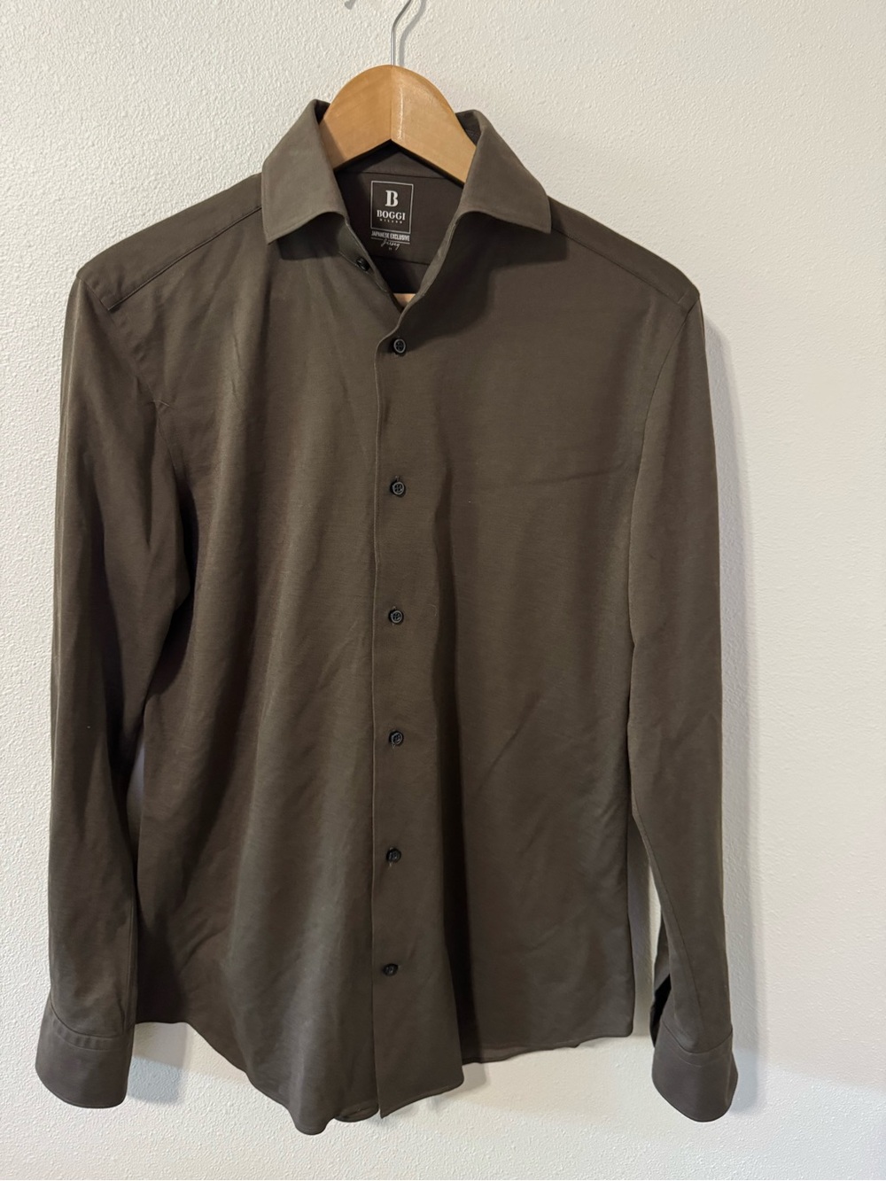 Boggi Milano Japanese Jersey Long Sleeve Polo Shirt Brown Button Minimalist-M